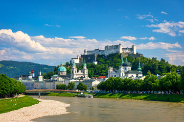Panoramic view of Salzburg skyline with Fortress Hohensalzburg and river Salzach, Salzburger Land,...