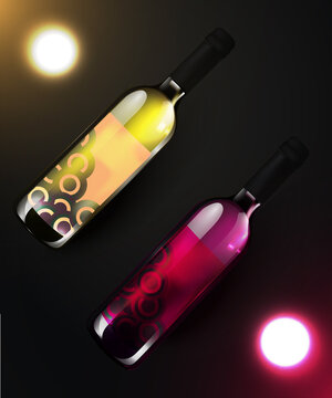 bottle wine with glass realistic vector for mockups