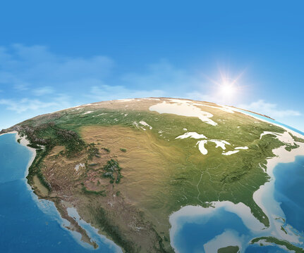 Physical Map Of Planet Earth, Focused On USA, North America. Satellite View, Sun Shining On The Horizon. 3D Illustration - Elements Of This Image Furnished By NASA