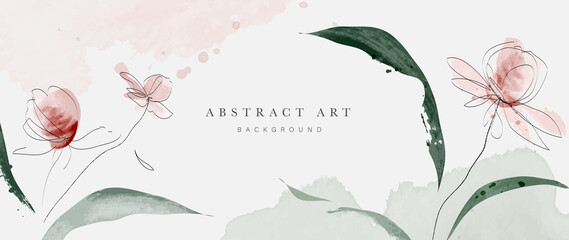 Abstract art background vector. Minimal style wallpaper with line art, flowers, foliage, and botanical leaves, watercolor. Blossom vector background for banner, poster, web and packaging. - obrazy, fototapety, plakaty