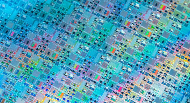 silicon wafer semiconductor with neon color, integrated circuits to manufacture CPU and GPU