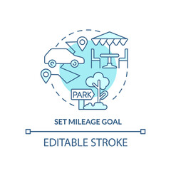 Set mileage goal turquoise concept icon. Do regular stops. Road trip recommendation abstract idea thin line illustration. Isolated outline drawing. Editable stroke. Arial, Myriad Pro-Bold fonts used