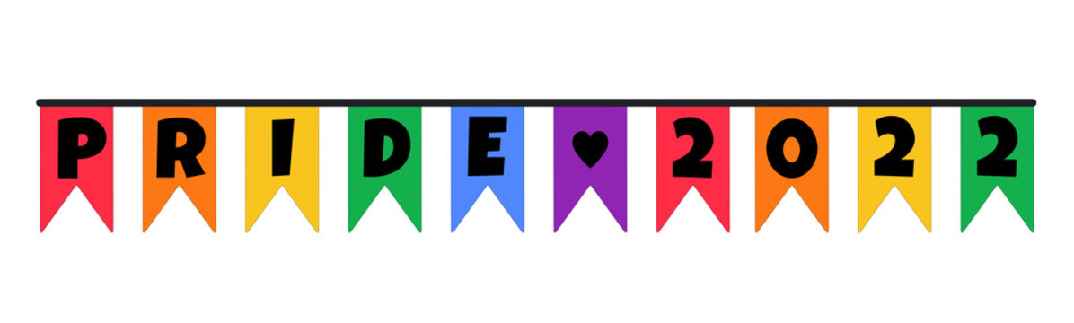 Cute festive flags bunting in color of LGBT flag with word Pride 2022. Cute Vector clip art design element decoration isolated for Pride Month 2022 celebration