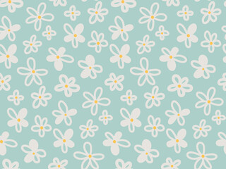 Cute flowery seamless pattern with camomile, daisy flower on light green background. Sweet romantic simple floral vector backdrop, wallpaper.