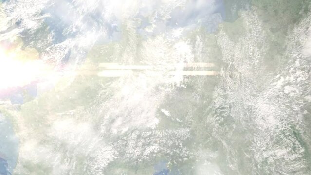 Earth zoom in from outer space to city. Zooming on Zwickau, Germany. The animation continues by zoom out through clouds and atmosphere into space. Images from NASA