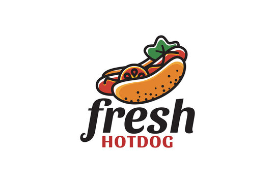 fresh hot dog logo with delicious hot dog image.