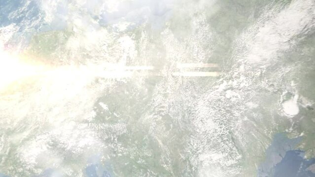 Earth zoom in from outer space to city. Zooming on Dabrowa Gurnicza, Poland. The animation continues by zoom out through clouds and atmosphere into space. Images from NASA