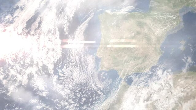 Earth zoom in from outer space to city. Zooming on Odivelas, Portugal. The animation continues by zoom out through clouds and atmosphere into space. Images from NASA