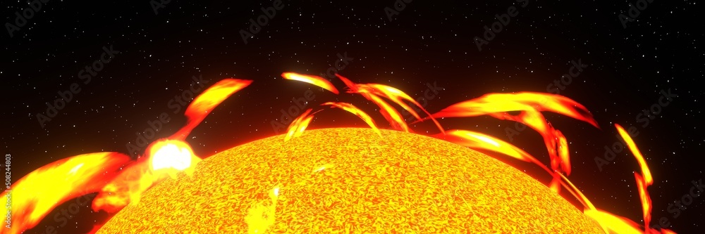 Poster sun solar flare in space background panorama 3d rendering