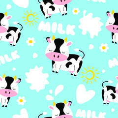 Cute seamless pattern with Cow, Milk splash, Drops, Chamomile and Sun on a blue background. Vector illustration.
