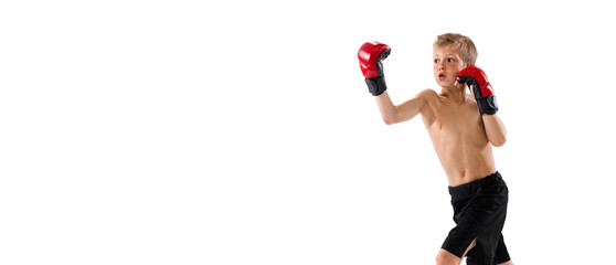 Little boy, kid in sports shots and gloves practicing thai boxing on white studio background....