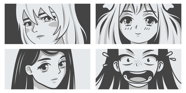 Japanese manga. Faces of anime girl. Black and white vector illustrations.
