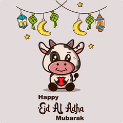 Happy Eid al-Adha funny greetings with lanterns, and cows holding love