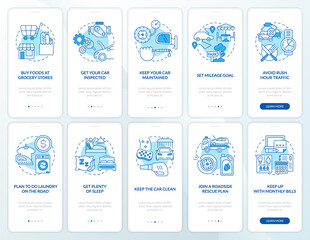 Road trip planning blue onboarding mobile app screen set. Walkthrough 5 steps editable graphic instructions with linear concepts. UI, UX, GUI template. Myriad Pro-Bold, Regular fonts used