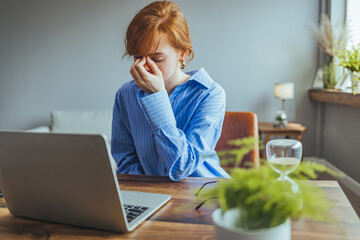 Tired fatigued young woman massaging stiff neck rubbing tensed muscles hurt to relieve back joint...