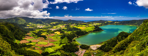 Aerial view of Lagoa das Furnas located on the Azorean island of Sao Miguel, Azores, Portugal. Lake...