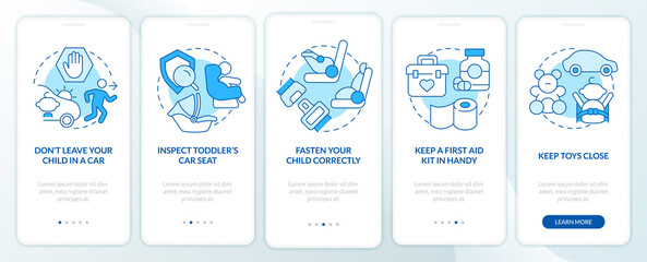 Road trip with toddlers tips blue onboarding mobile app screen. Walkthrough 5 steps editable graphic instructions with linear concepts. UI, UX, GUI template. Myriad Pro-Bold, Regular fonts used