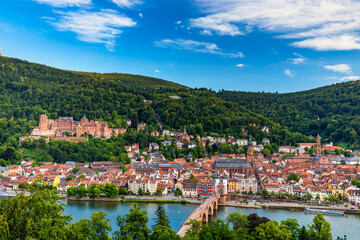 Fototapeta na wymiar Landmark and beautiful Heidelberg town with Neckar river, Germany. Heidelberg town with the famous Karl Theodor old bridge and Heidelberg castle, Heidelberg, Germany.