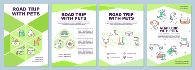 Road trip with pets brochure template. Car travel. Leaflet design with linear icons. Editable 4 vector layouts for presentation, annual reports. Arial-Black, Myriad Pro-Regular fonts used
