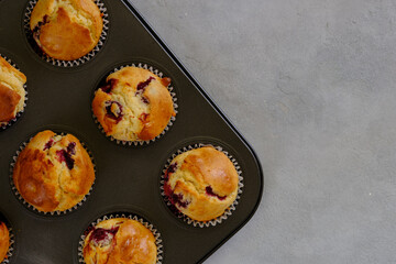 Fragrant lemon muffins with cherry in the form for baking on a gray background