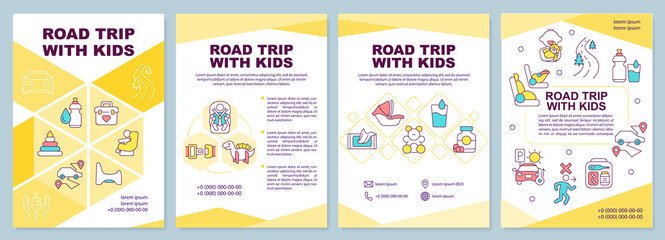 Fototapeta na wymiar Road trip with kids brochure template. Car travel. Leaflet design with linear icons. Editable 4 vector layouts for presentation, annual reports. Arial-Black, Myriad Pro-Regular fonts used