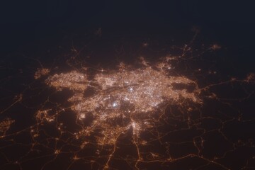 Aerial shot of Ankara (Turkey) at night, view from south. Imitation of satellite view on modern city with street lights and glow effect. 3d render
