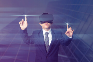 Businessman wearing VR virtual reality Headset virtual Global Internet connection metaverse.