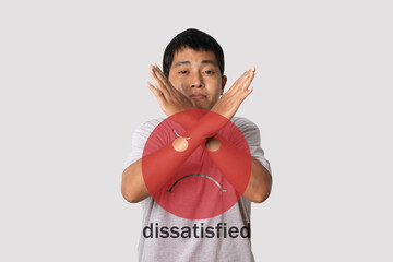 Young man gesture sadness emotion face screen. bad service dislike bad quality, low rating, social media not good.