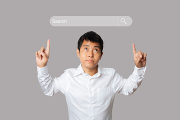 Businessman press search button on virtual screen information data on internet networking.