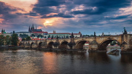 Fototapeta na wymiar Famous iconic image of Prague castle and Charles Bridge, Prague, Czech Republic. Concept of world travel, sightseeing and tourism.