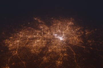 Aerial shot of Dallas and Fort Worth (Texas, USA) at night, view from south. Imitation of satellite view on modern city with street lights and glow effect. 3d render - obrazy, fototapety, plakaty