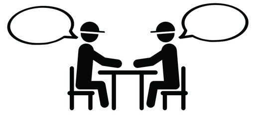 Cartoon stickman, stick figure. the people are talking at the table, or to work in concert. School or kitchen table. Workman talk to boss. Business lunch, meeting, communication negotiating.