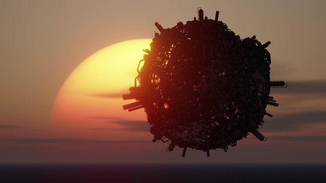 Industrial planet sunset silhouette 3d seamless loop