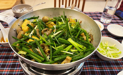 Pot of Vietnamese signature dish Cha Ca served at restaurant in Ha Noi, Vietnam
