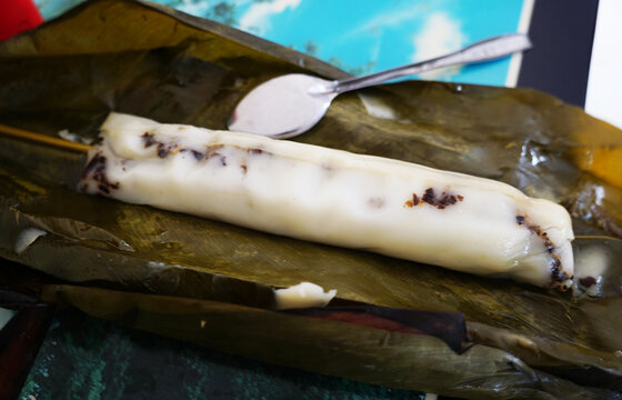 Vietnamese Steamed Rice Cake Banh Te opened ready to eat