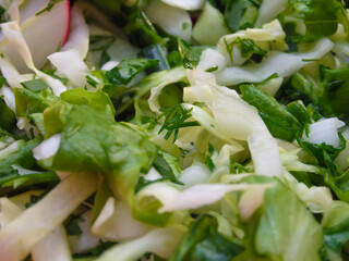 Salad of cucumbers, radishes, onions and herbs. Organic vegan food. Salad texture closeup.