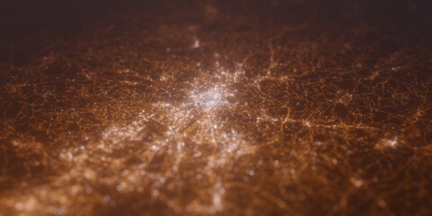 Street lights map of Florence (Italy) with tilt-shift effect, view from west. Imitation of macro shot with blurred background. 3d render, selective focus