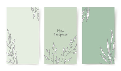 Floral background. Set of templates with plant elements. Graphic leaves, branches, herbs.   Editable vector banner for social media post, card, cover, invitation,
poster, mobile apps, web ads