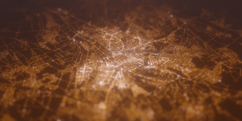 Street lights map of Chisinau (Moldova) with tilt-shift effect, view from north. Imitation of macro shot with blurred background. 3d render, selective focus