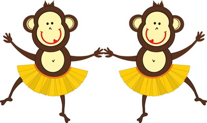 Two Funny Dancing monkeys in yellow skirts
