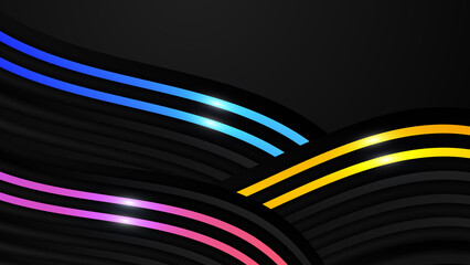 Black abstract wavy dimension background with colorful light decoration