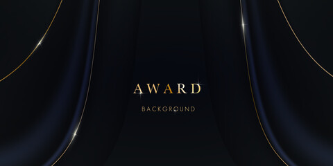 Abstract black and gold waves design element and shiny effect on dark background. Luxurious glowing stripes. Award background. Background for presentation, brochure, booklet, poster. Vector