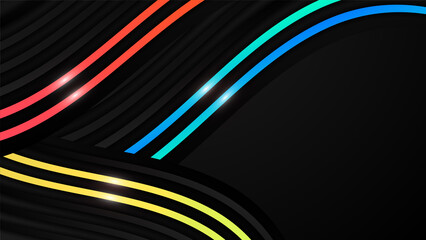 Abstract black background with colorful red blue yellow wave lines