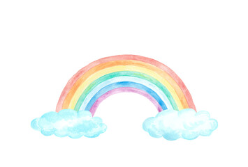 イラスト素材: 水彩絵の具で手描きした虹色グラデーションと雲の背景
