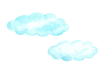 イラスト素材: 水彩絵の具で手描きした水色の雲/複数個
