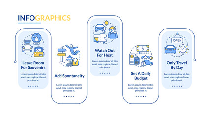 Road trip advices rectangle infographic template. Car travel. Data visualization with 5 steps. Editable timeline info chart. Workflow layout with line icons. Lato-Bold, Regular fonts used