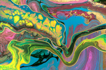 Gold dust and waves with fluorescent inks background. Abastract marble template.
