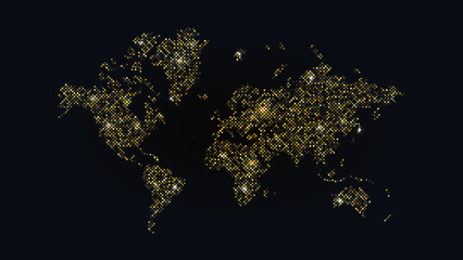 Abstract dots world map on dark background. Gold dots with lights. Glitter particles world map background. Vector illustration