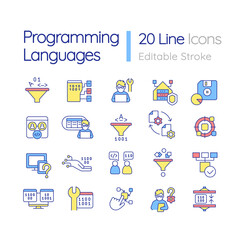 Programming languages RGB color icons set. Writing code. Computer science. Isolated vector illustrations. Simple filled line drawings collection. Editable stroke. Quicksand-Light font used