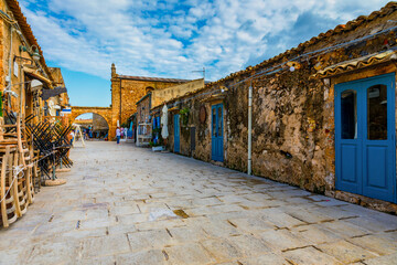 The picturesque village of Marzamemi, in the province of Syracuse, Sicily. Square of Marzamemi, a small fishing village, Siracusa province, Sicily, italy, Europe.